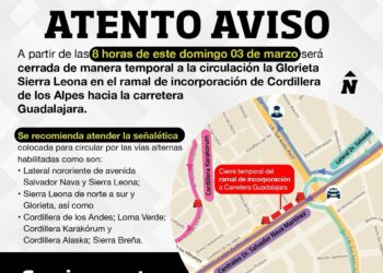 POR OBRAS DEL PUENTE INFERIOR VEHICULAR HIMALAYA, CIERRE VIAL EN TRAMO DE ALPES CON SIERRA LEONA, HACIA EL PONIENTE