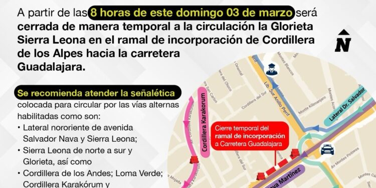 POR OBRAS DEL PUENTE INFERIOR VEHICULAR HIMALAYA, CIERRE VIAL EN TRAMO DE ALPES CON SIERRA LEONA, HACIA EL PONIENTE